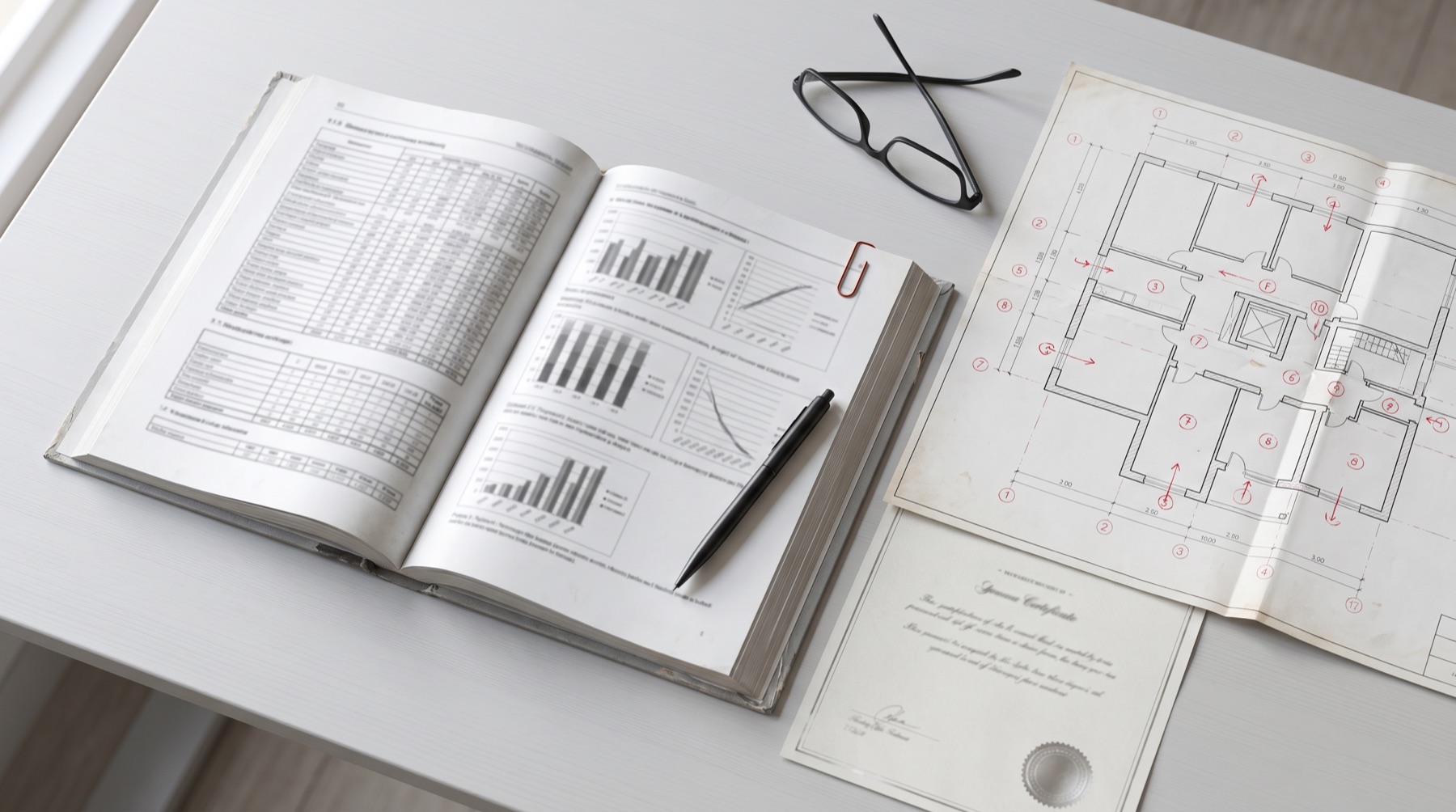 A desk with an open facility qualification report, a folded floor plan marked with numbered sampling points, an instrument calibration certificate and a pen