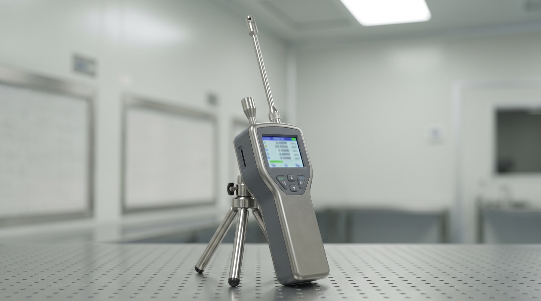 A handheld optical particle counter on a stand at bench height, its isokinetic probe pointing into the airflow, with a display showing tabulated channel counts